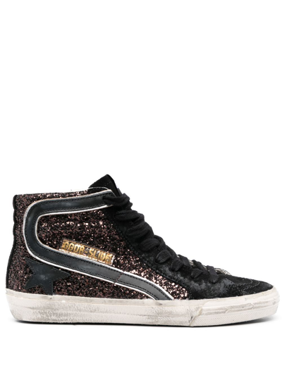 Golden Goose Slide Glitter Upper Suede Toe And List Leather Star And Wave In Brown