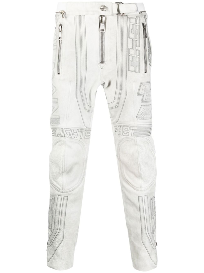 Balmain Embroidered-design Tapered Leather Trousers In 白色