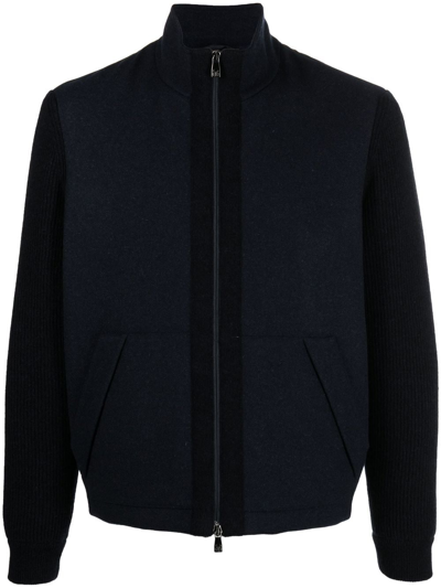 Corneliani Knitted-sleeve Zipped Jacket In 蓝色