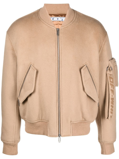 Off-white Quote-motif Cashmere Bomber Jacket In 中性色