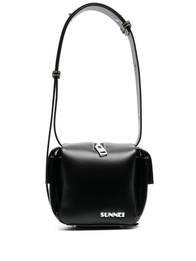Sunnei Contrast-stitch Leather Shoulder Bag In 黑色