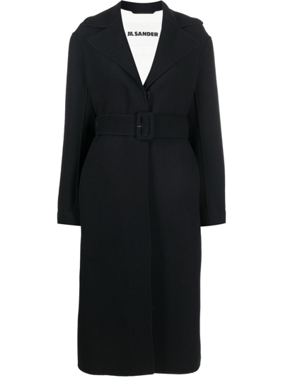 Jil Sander Long-sleeve Belted Wool Coat In Blue