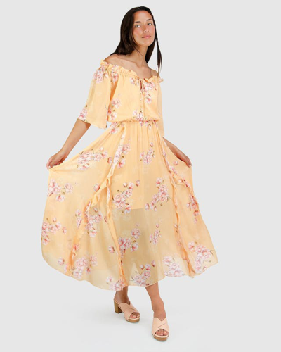 Belle & Bloom Amour Amour Ruffled Midi Dress - Peach Peonies In Brown