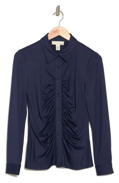 By Design Carla Ruched Button-up Blouse In Black Iris Navy