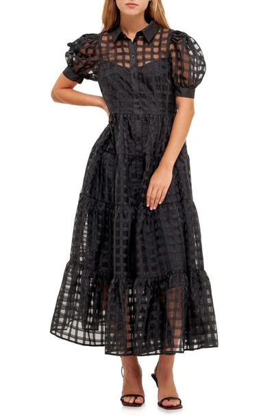 English Factory Grid Pattern Tiered Midi Shirtdress In Black