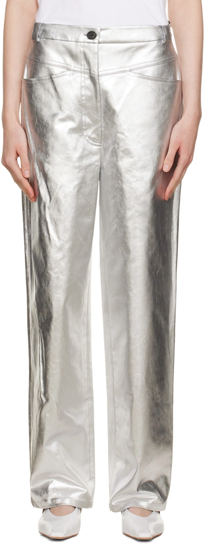 Khaite Preen Coated Cotton-blend Twill Wide-leg Pants In Silver