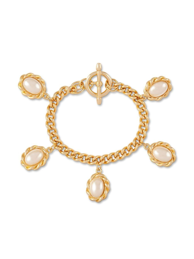 Pre-owned Susan Caplan Vintage 1990s Faux Pearl Charm Bracelet In Gold