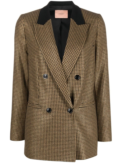 Twinset Houndstooth-check Double-breasted Blazer In Nero