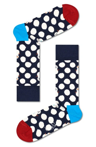 Happy Socks Big Dot Snowman Cotton Blend Crew Socks In Dark Blue