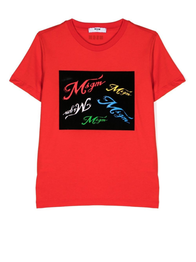 Msgm Kids' Logo Print T-shirt In Red