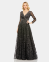 Mac Duggal Embellished Illusion Long Sleeve V Neck Gown In Graphite