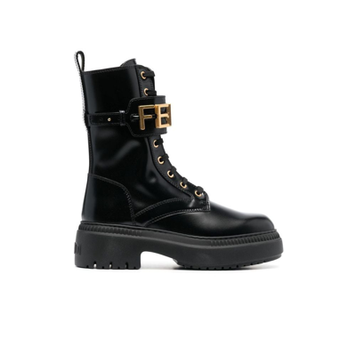 Fendi Logo-embellished Glossed-leather Combats Boots In Black