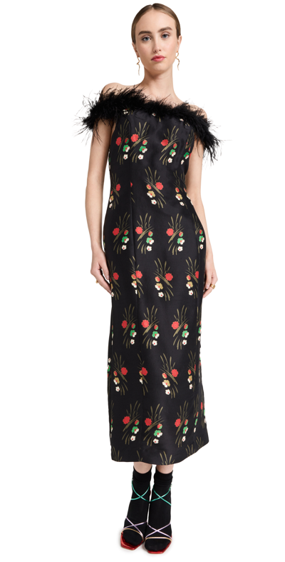 Rixo London Floral-print Feather-trim Dress In Black Cherry Blossom