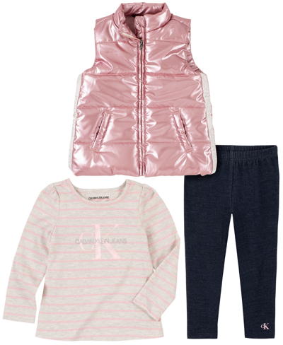 Calvin Klein Baby Girls High Shine Vest, Striped T Shirt And Leggings, 3 Piece Set In Pink