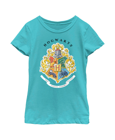 Warner Bros Kids' Girl's Harry Potter Hogwarts All Houses Crest Child T-shirt In Tahiti Blue