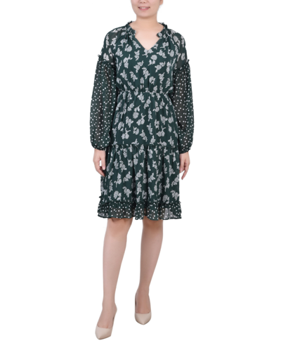 Ny Collection Petite Long Sleeve Combo Chiffon Dress In Botanical Garden Floral Dot