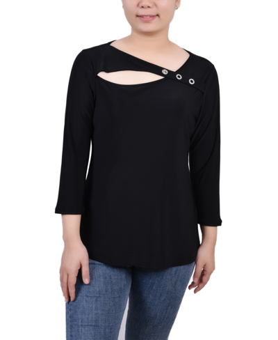 Ny Collection Petite 3/4 Sleeve Cutout Top In Black