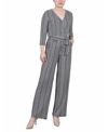 NY COLLECTION PETITE SHORT 3/4 SLEEVE BELTED WIDE LEG JUMPSUIT