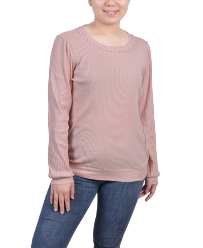 Ny Collection Petite Long Sleeve Ribbed Imitation Pearl Trimmed Top In Peach
