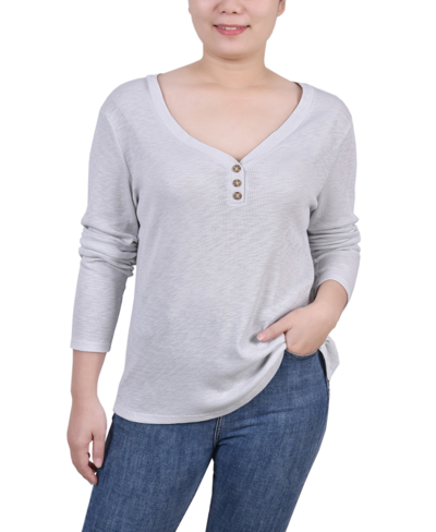 Ny Collection Petite Long Sleeve Ribbed Henley Top In Light Gray