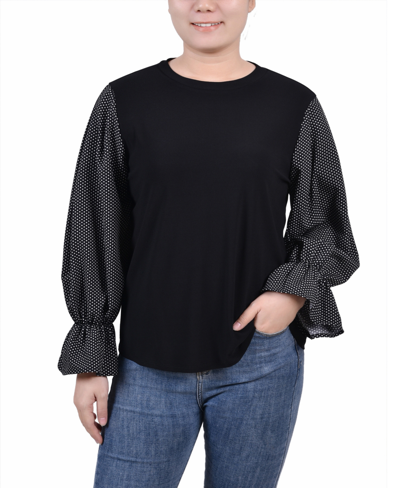 Ny Collection Petite Long Sleeve Top With Printed Sleeves In Black White Dot