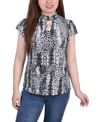 Ny Collection Plus Size Short Flutter Sleeve Mock Neck Top In Black Leosnake