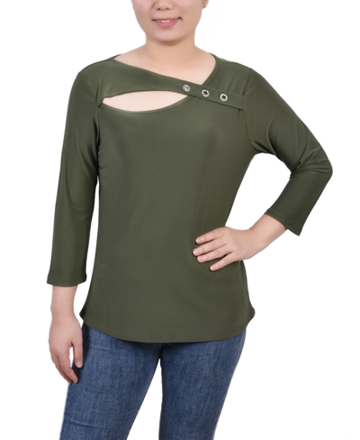 Ny Collection Petite 3/4 Sleeve Cutout Top In Oil Green