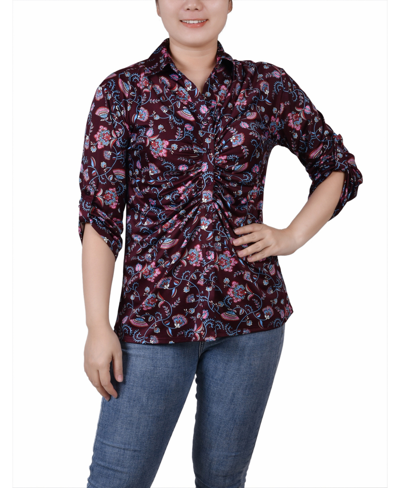 Ny Collection Women's 3/4 Roll Tab Roached-front Top In Fall Floral