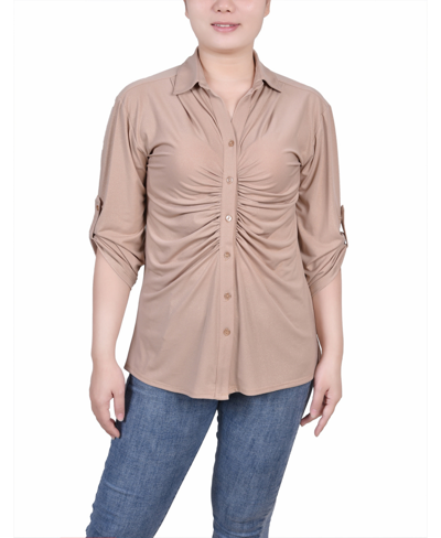 Ny Collection Petite 3/4 Roll Tab Rouched-front Top In Iced Coffee