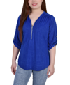 Ny Collection Plus Size 3/4 Roll Tab Zip Front Jacquard Knit Top In Royal