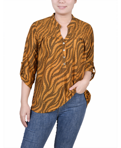 NY COLLECTION PETITE 3/4 ROLL TAB SLEEVE SMOCKED-YOKE TOP