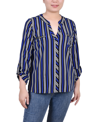 Ny Collection Petite Long Roll Tab Sleeve Zip Pocket Blouse In Surf Black White Stripe