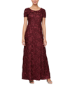 Alex Evenings Rosette Lace Short Sleeve A-line Gown In Merlot