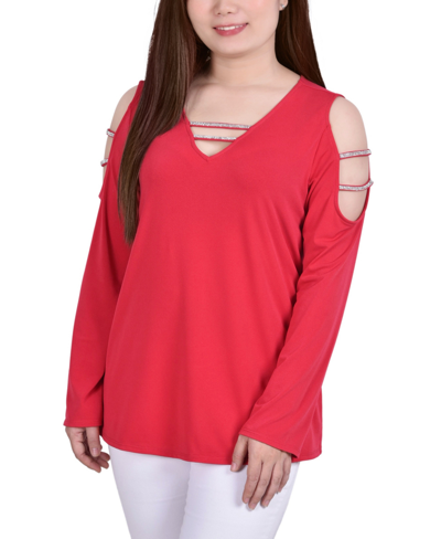 Ny Collection Petite Long Sleeve Knit Crepe Rhinestone Top In Red