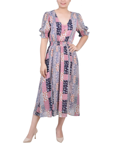 Ny Collection Petite Short Puff Sleeve Chiffon Dress In Mauve Floral Patchwork