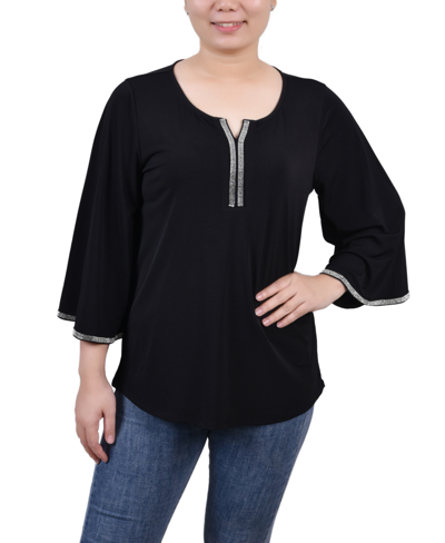 Ny Collection Petite 3/4 Bell Sleeve Top With Stones In Black