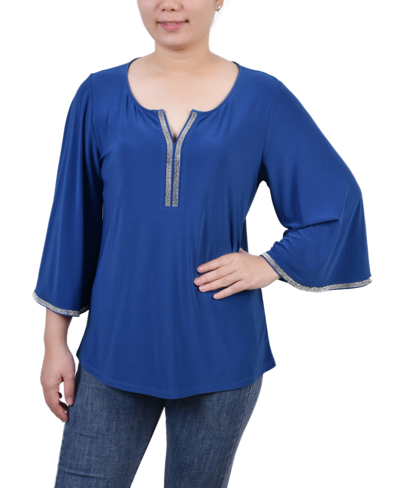 Ny Collection Petites Womens Embellished Polyester Blouse In Royal Blue