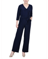NY COLLECTION PETITE SHORT 3/4 SLEEVE BELTED WIDE LEG JUMPSUIT