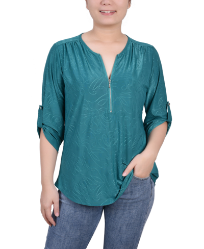 Ny Collection Plus Size 3/4 Roll Tab Zip Front Jacquard Knit Top In Emerald
