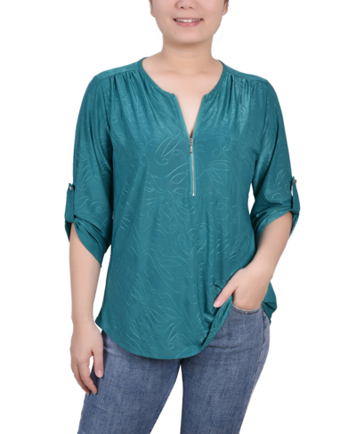 Ny Collection Plus Size 3/4 Roll Tab Zip Front Jacquard Knit Top In Gold