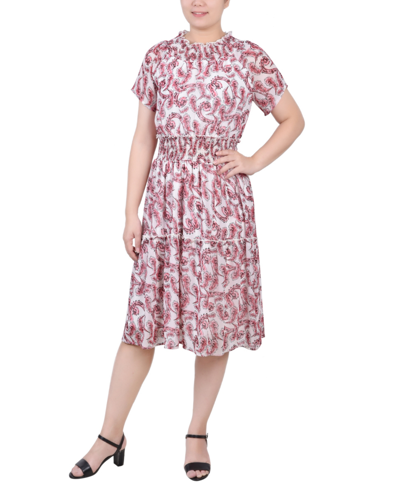 Ny Collection Petite Short Sleeve Smocked Waist Dress In Burgundy Paisley Floral