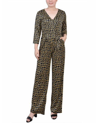 Ny Collection Petite 3/4 Sleeve Printed Belted Jumpsuit In Black Gold Chain Link