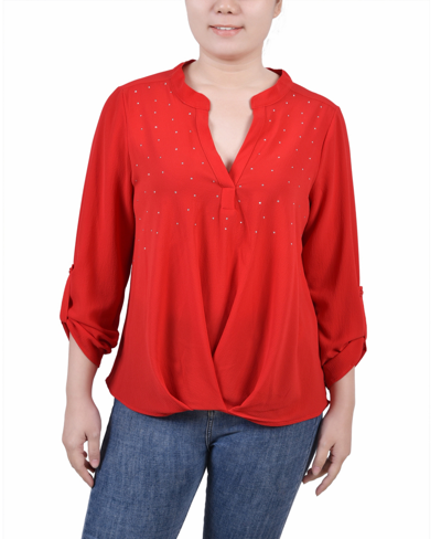 Ny Collection Petite 3/4 Sleeve Mandarin Collar Blouse With Front Pleats In Molten Lava Red
