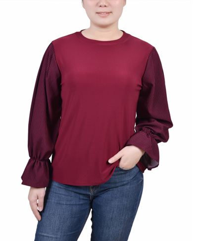 Ny Collection Petite Long Sleeve Top With Printed Sleeves In Rhododendron Black Stripe