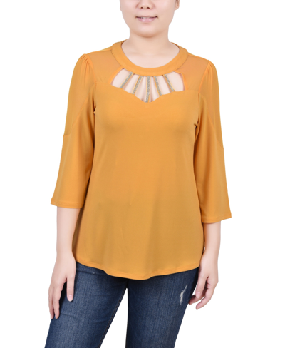 Ny Collection Women's 3/4 Sleeve Top With Neckline Cutouts And Stones In Golden Glow