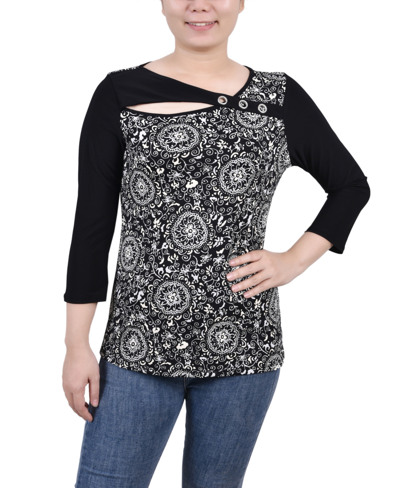 Ny Collection Petite 3/4 Sleeve Puff Print Cutout Top In Black Doralflower