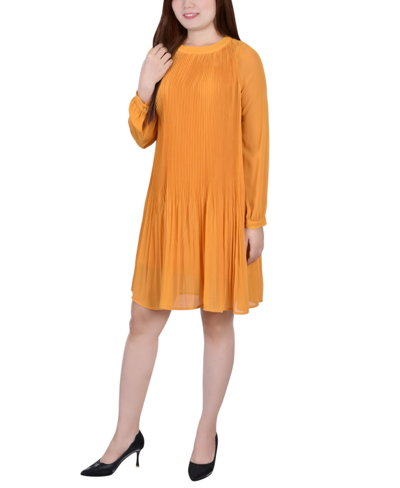 Ny Collection Petite Long Sleeve Pleated Dress In Mustard