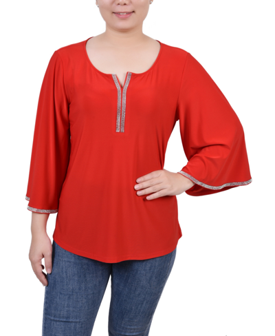 Ny Collection Women's 3/4 Bell Sleeve Top With Stones In Red