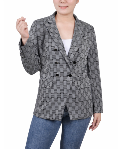 Ny Collection Petite Long Sleeve Double Breasted Jacket In Black White Plaid