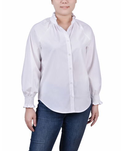 Ny Collection Petite Long Sleeve Button Front Blouse In White